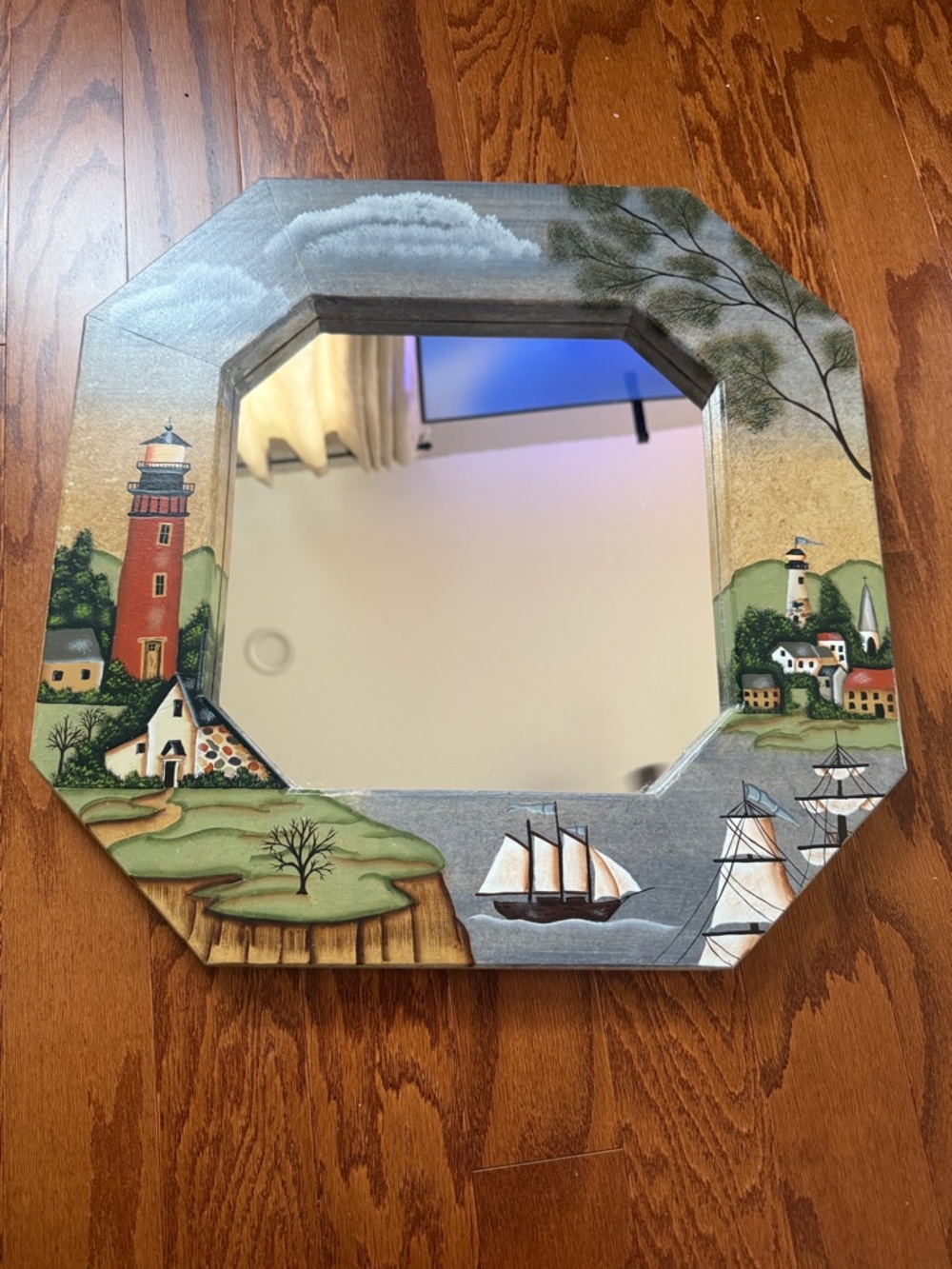 Hand Painted Coastal Lighthouse Mirror 18x18 Nautical Folk Art Wall Decor EUC